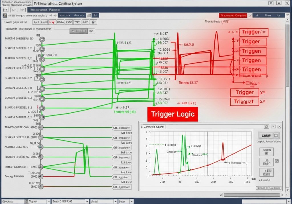 녹색 및 빨간색 데이터 흐름, 트리거 논리 시스템, 오른쪽 상단의 빨간색 트리거 제어 패널, 하단의 분석 그래프가 있는 테스트 통합 제어 시스템 인터페이스