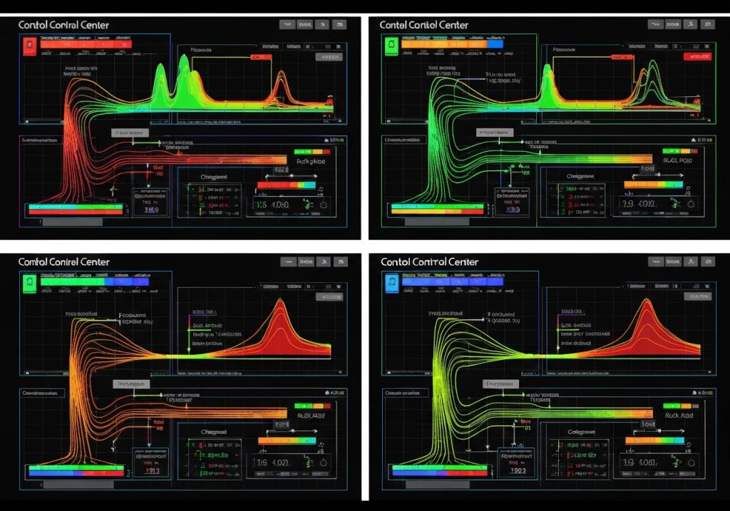 네 개의 제어 센터 대시보드로 구성된 이미지로, 각각 주파수 스펙트럼 분석, 다채로운 파형 시각화, 실시간 데이터 스트림이 포함되어 있으며 빨간색에서 녹색으로 변하는 열지도 오버레이가 표시되어 있습니다