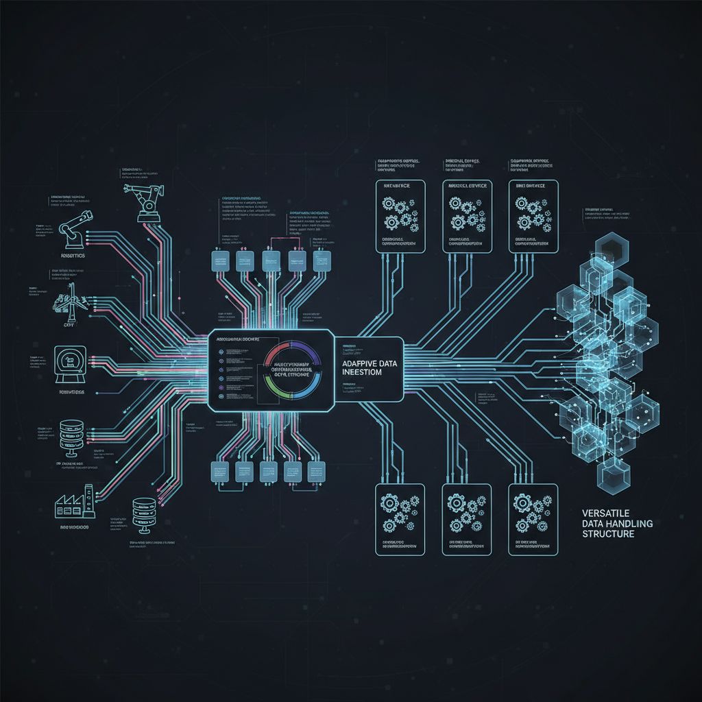 로봇 공학, 데이터베이스, 적응형 데이터 수집, 다목적 데이터 처리 구조를 연결하는 회로 기판 스타일의 데이터 흐름이 있는 기술 시스템 다이어그램으로, 중앙에 원형 처리 허브가 있습니다