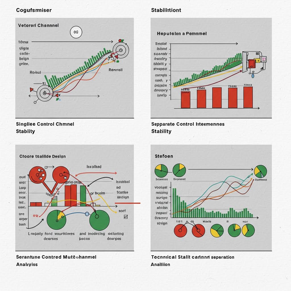 인지 및 안정화 개념을 보여주는 네 개의 기술 다이어그램으로, 베테랑 채널 안정성, 분리된 제어 중간 안정성, 더 명확한 실시간 설계 분석, 기술적 안정 채널 분리 분석이 포함되어 있습니다