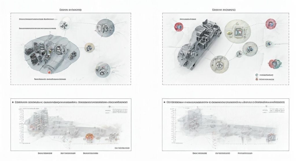 분해된 기계 구성 요소를 보여주는 네 개의 기술 일러스트레이션으로, 상단 두 개는 레이블이 지정된 내부 기어 및 메커니즘이 있는 모듈 분해도이고, 하단 두 개는 상세한 기술 사양이 있는 아이소메트릭 뷰입니다