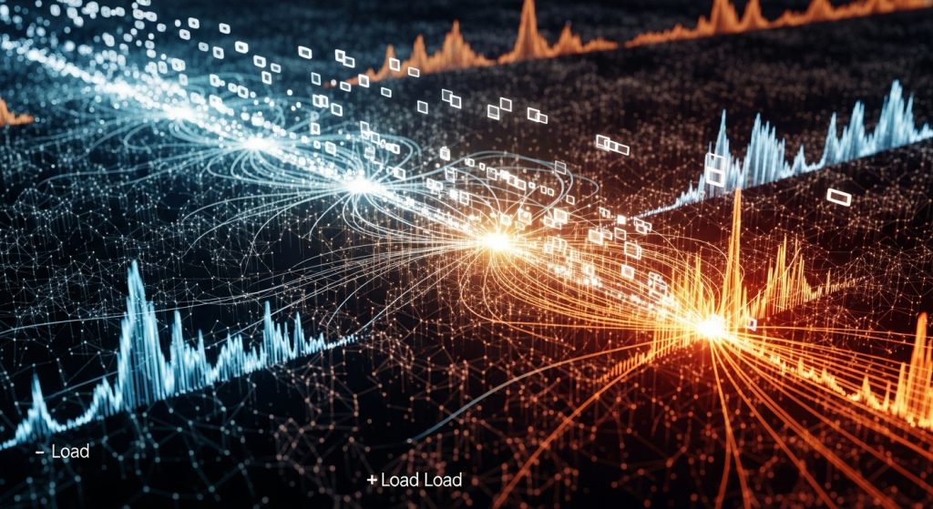 데이터 네트워크 시각화로, 왼쪽에는 청록색 데이터 흐름과 파형이, 오른쪽에는 주황색 데이터 스트림이 있으며, 중앙에서 빛나는 연결점을 중심으로 데이터 패킷이 흐르고 "-Load"와 "+Load Load" 레이블이 표시되어 있습니다