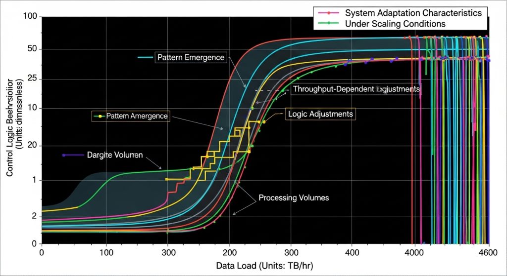 데이터 로드(TB/시간)에 대한 제어 논리 행동(단위: 무차원)을 보여주는 복잡한 선 그래프로, 패턴 출현, 논리 조정, 처리량 종속 조정, 처리 볼륨을 포함한 여러 시스템 적응 특성이 표시되어 있으며, 우측에 스케일링 조건이 수직으로 나타나 있습니다