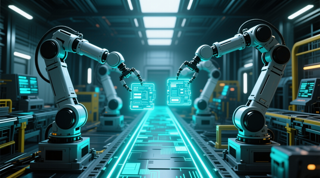 로봇 팔이 작동 중인 자동화 생산 라인