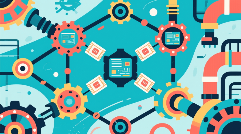 기어와 회로가 결합된 디지털 자동화 일러스트