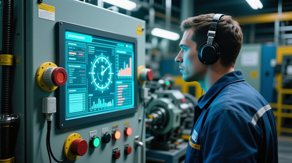 산업 제어 패널의 데이터를 모니터링하는 엔지니어