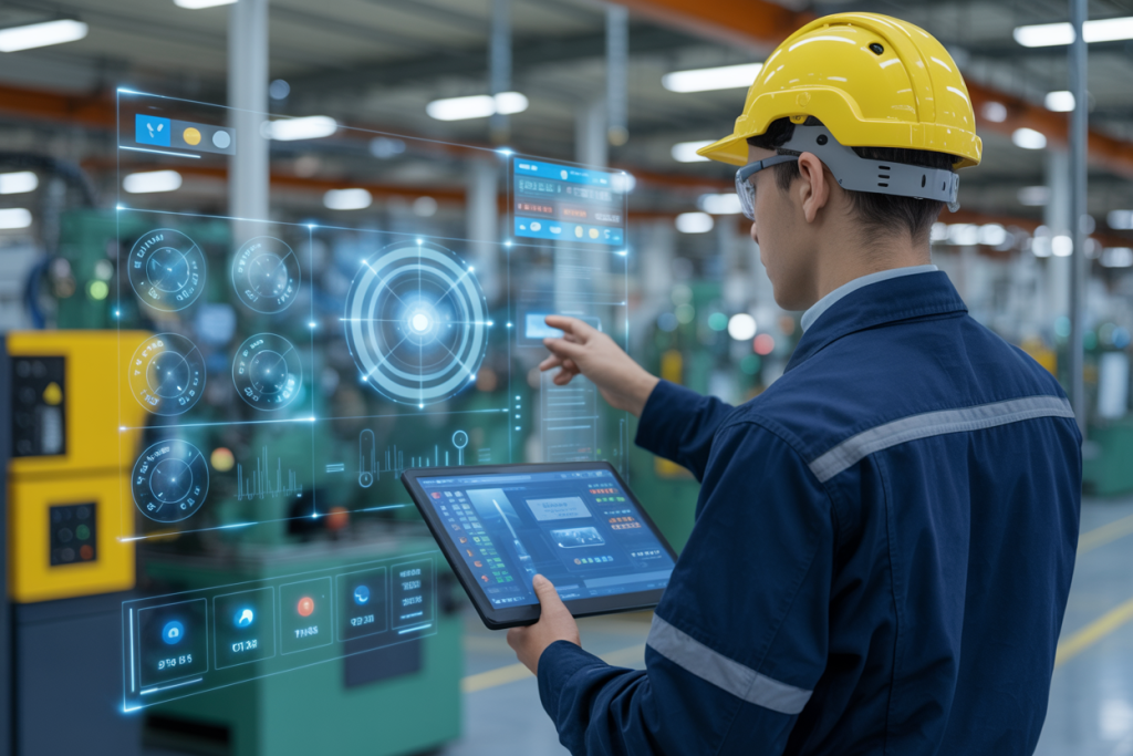 태블릿으로 스마트 생산 데이터를 제어하는 엔지니어