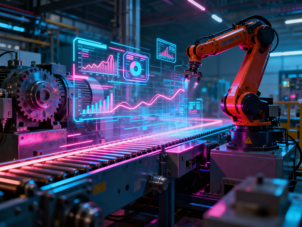 자동화 로봇이 생산 데이터를 분석하며 작동하는 스마트 공정