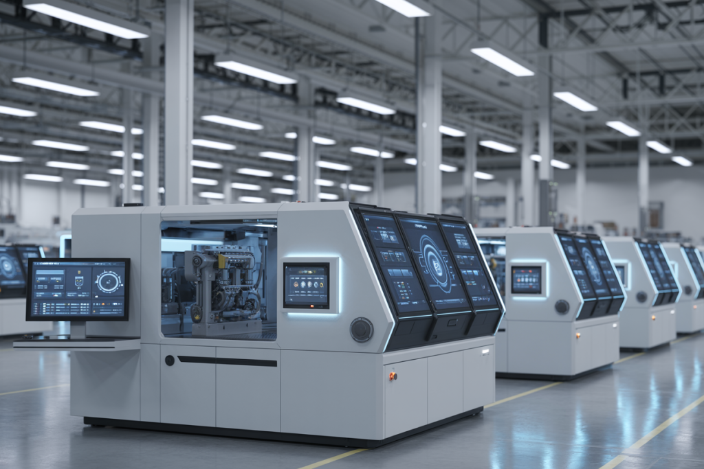 자동화 기계가 작동 중인 스마트 제조 라인