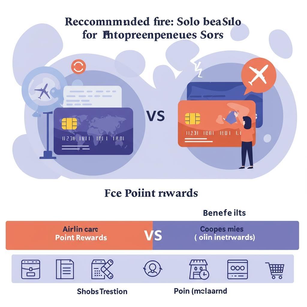 개인 사업자를 위한 신용카드 비교 인포그래픽. 왼쪽에는 파란색 신용카드와 항공 마일리지 아이콘이, 오른쪽에는 주황색 신용카드와 취소 표시가 있는 비행기 아이콘이 있음. 하단에는 항공 카드 포인트 리워드와 일반 마일리지 혜택을 비교하는 표와 캘린더, 계산기, 쇼핑카트 등의 아이콘이 배치되어 있음.