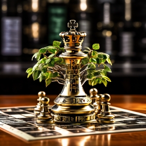 회계 장부 위에 '첫째 사촌'이라고 적힌 체스 말이 놓여 있고 배경에는 가계도 가지가 회로 기판 형태로 뻗어 나가는 모습이다.