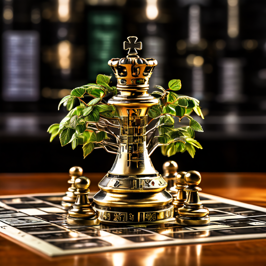 회계 장부 위에 '첫째 사촌'이라고 적힌 체스 말이 놓여 있고 배경에는 가계도 가지가 회로 기판 형태로 뻗어 나가는 모습이다.