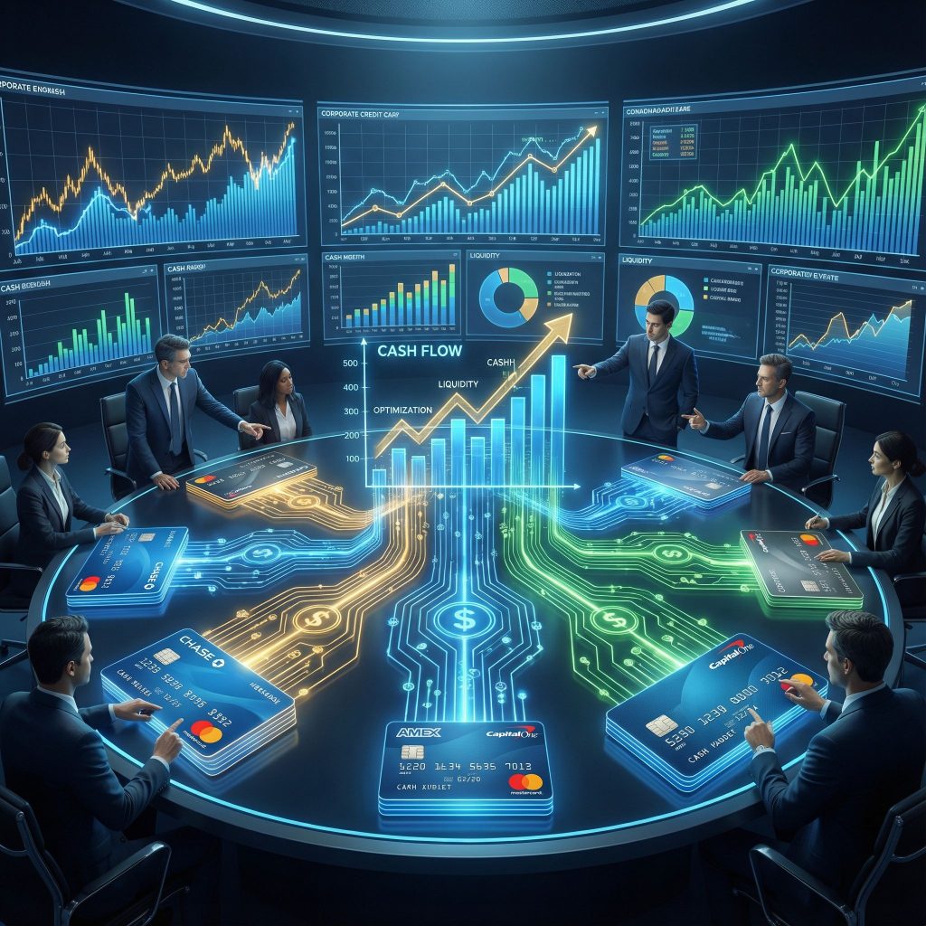 푸른색 데이터 스트림이 연결된 회사 카드들과 금융 차트가 현란하게 빛나는 전략 회의실 모습이다.