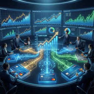 푸른색 데이터 스트림이 연결된 회사 카드들과 금융 차트가 현란하게 빛나는 전략 회의실 모습이다.