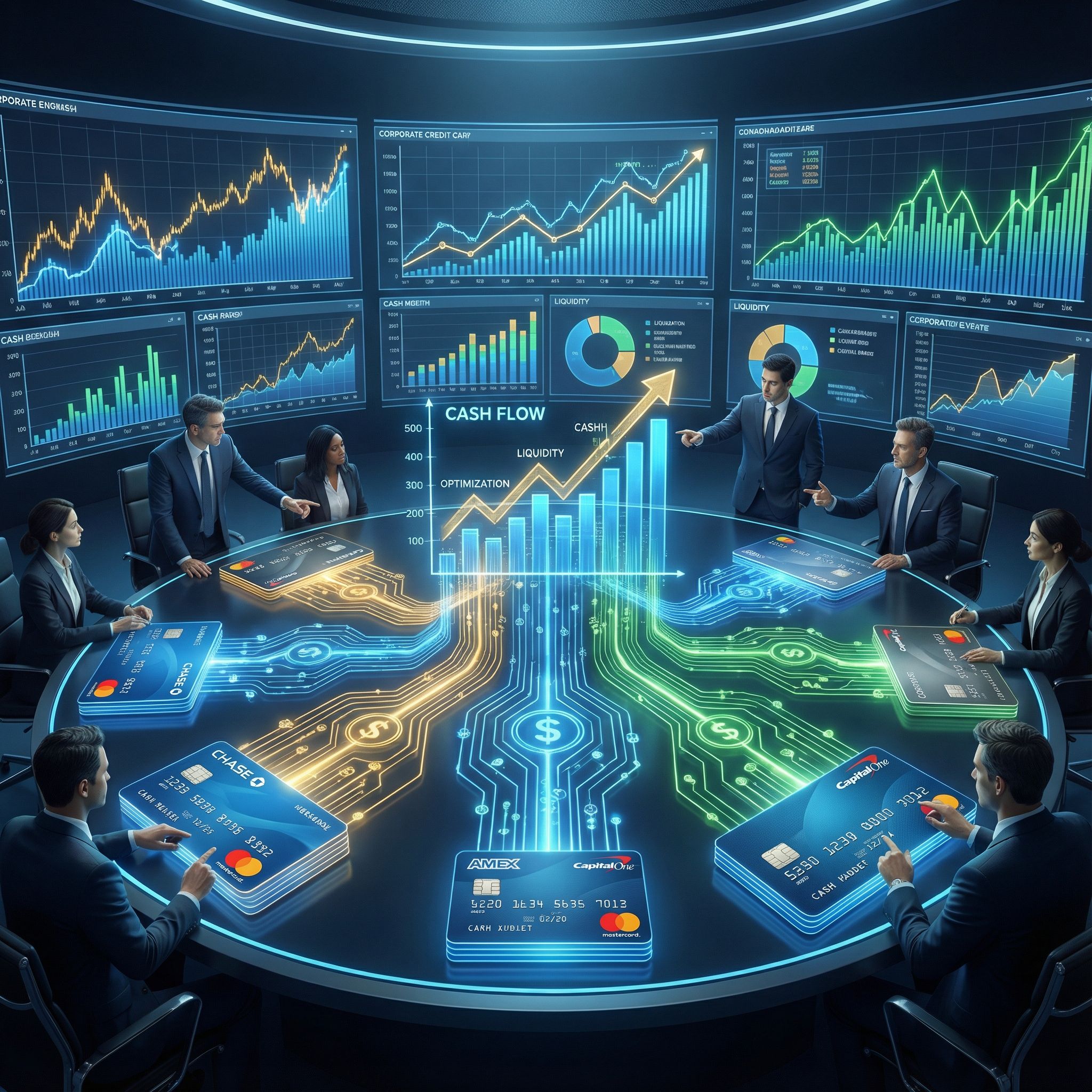 푸른색 데이터 스트림이 연결된 회사 카드들과 금융 차트가 현란하게 빛나는 전략 회의실 모습이다.