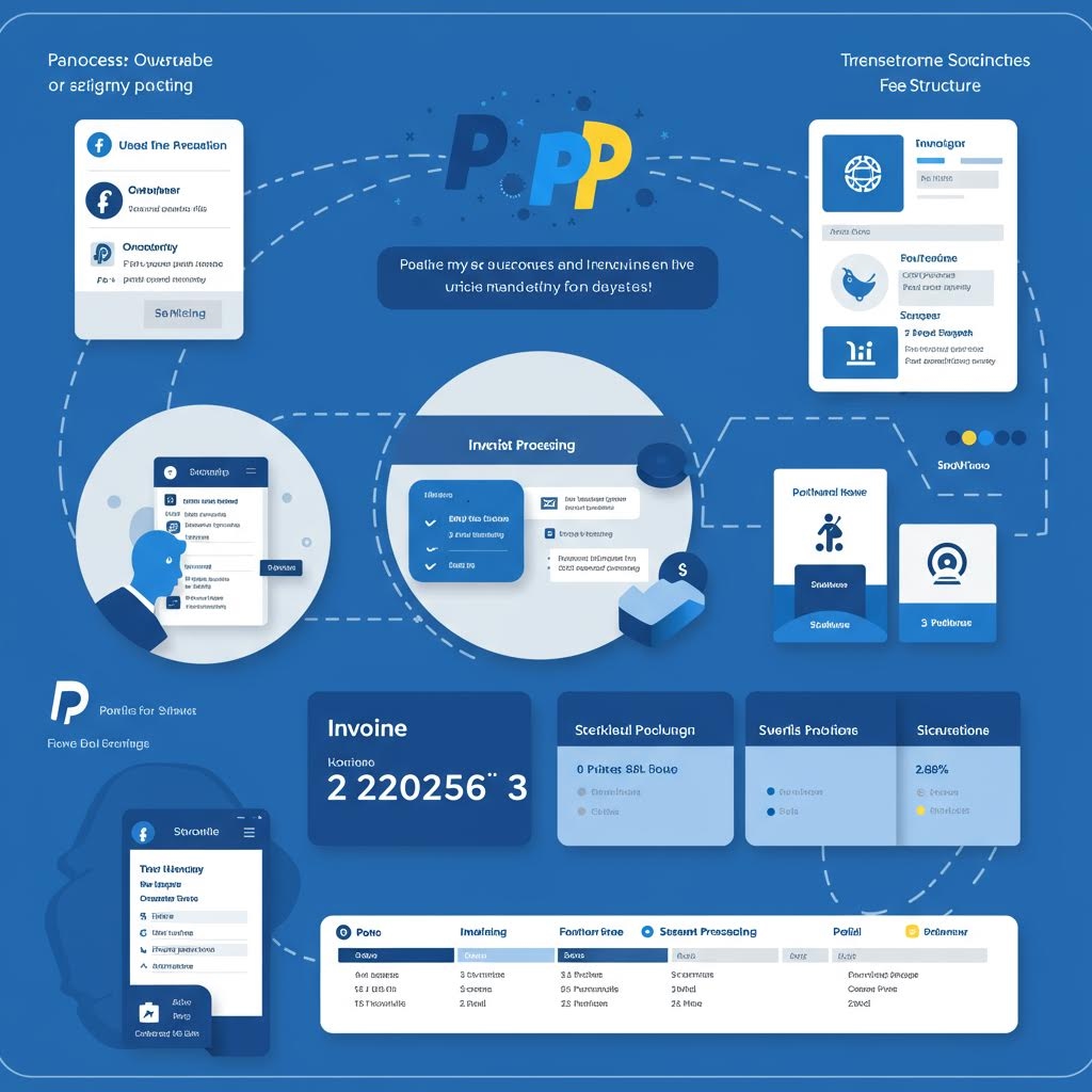 페이팔(PayPal) 비즈니스 서비스 개요 인포그래픽. 청구서 처리(Invoice Processing), 수수료 구조, 결제 옵션 등 여러 패널로 구성되어 있으며, 페이팔 로고, 사용자 인터페이스 화면, 거래 흐름도 등이 파란색 배경 위에 배치되어 있음.