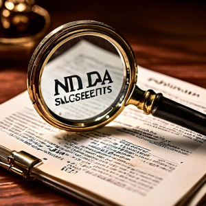 잠긴 NDA 문서 위에 놓인 돋보기가 '영업 비밀'과 '고객 데이터' 같은 보호 항목 목록을 확대하여 비추고 있습니다.