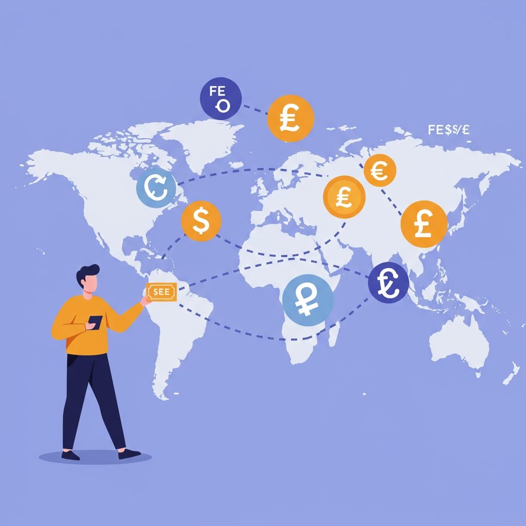 국제 송금 또는 환전 개념을 나타내는 일러스트. 세계 지도 위에 달러($), 유로(€), 파운드(£), 루블(₽) 등 다양한 통화 기호가 점선으로 연결되어 있으며, 왼쪽에는 스마트폰과 카드를 들고 있는 남성이 서 있음.