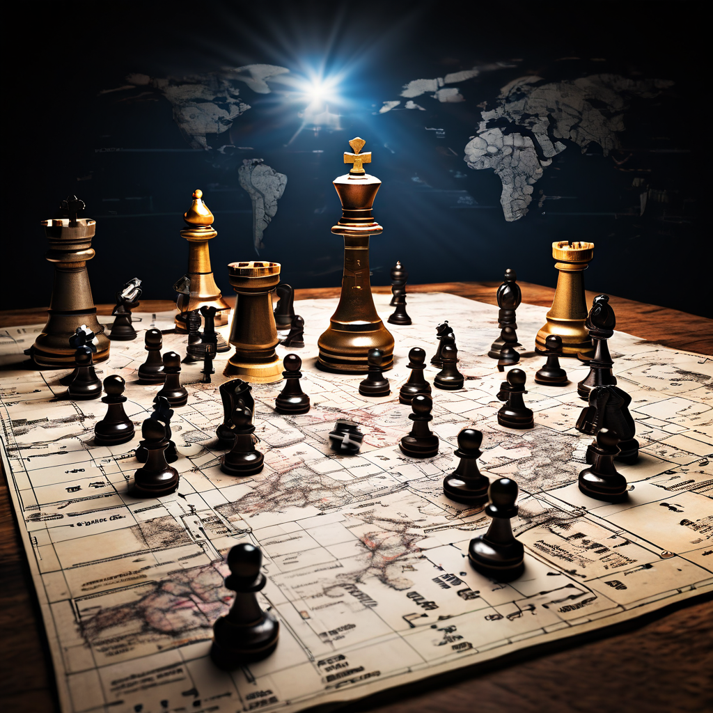 주식 증서로 구획된 전장 지도 위에서 직원을 상징한 체스 말들이 영역을 다투는 모습이다.