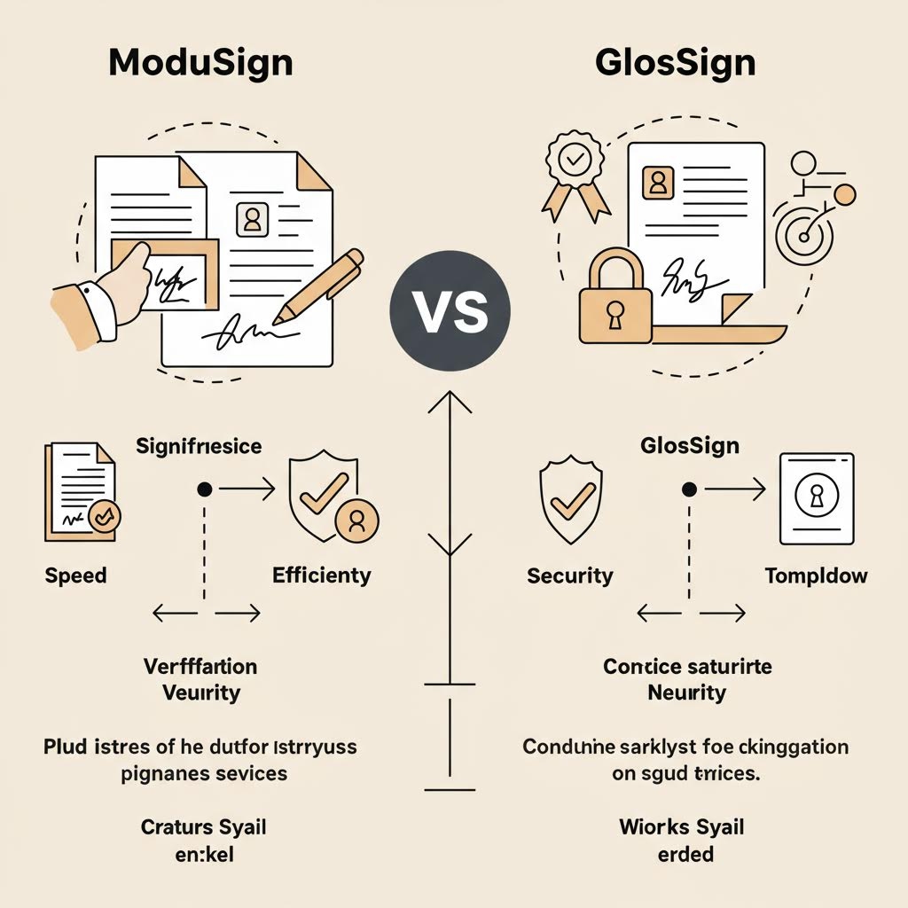 모두사인(ModuSign)과 글로싸인(GlosSign) 전자서명 서비스 비교 인포그래픽. 왼쪽에는 손으로 서명하는 문서 일러스트와 함께 속도, 효율성, 검증 보안 등의 특징이, 오른쪽에는 자물쇠가 있는 인증 문서와 함께 보안, 규정 준수 등의 특징이 나열되어 있음.