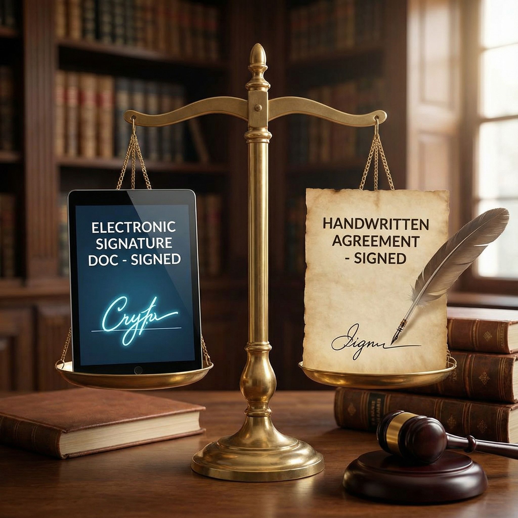 검은색 법저와 법전 배경에 전자 서명과 손글씨 서명이 각각 올려진 저울이 균형을 이루고 있습니다.