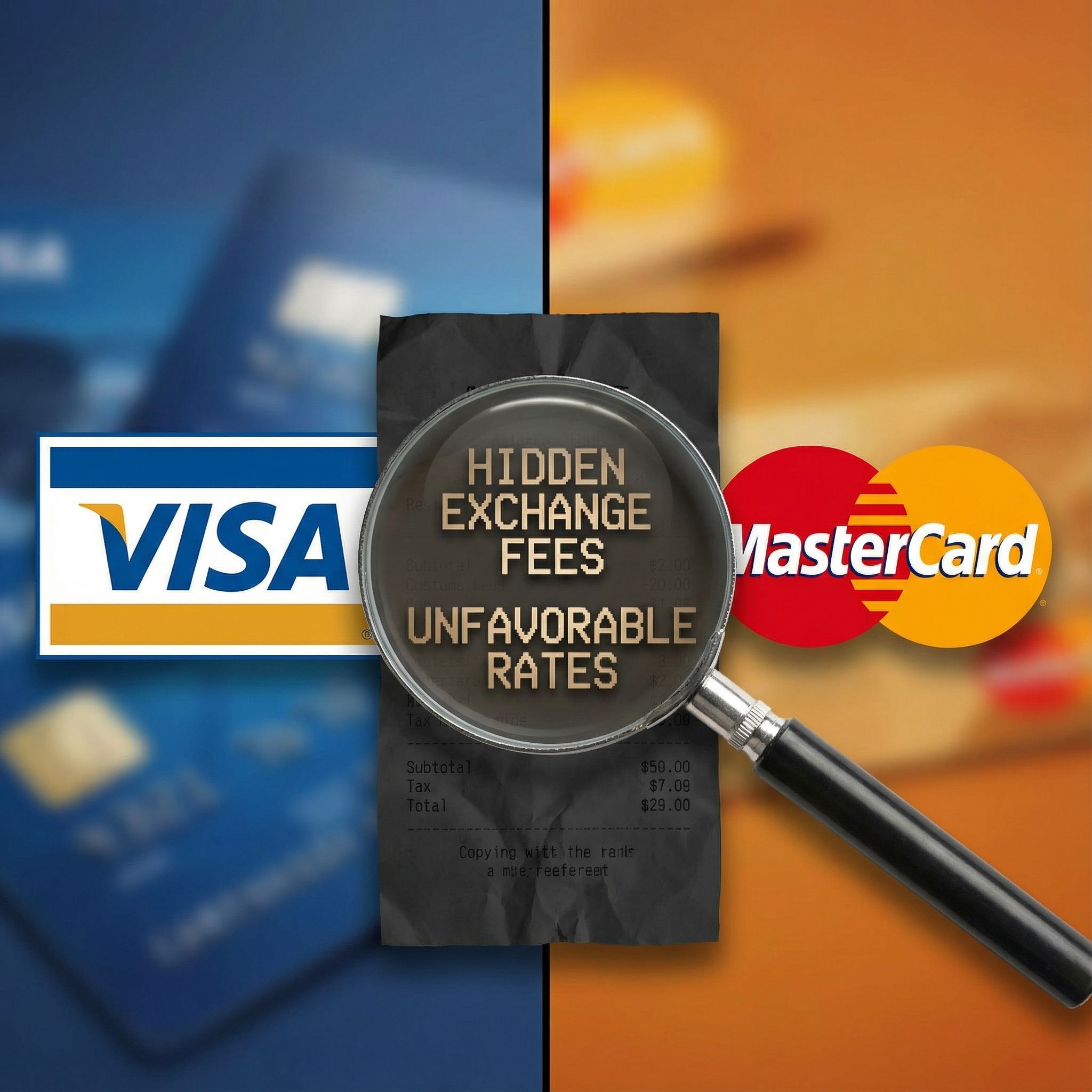 화면이 양분된 왼쪽에는 비자, 오른쪽에는 마스터카드 로고가 있고 가운데 확대경으로 어두운 영수증의 불리한 환율이 드러나 있습니다.