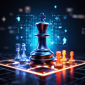 검푸른 색상의 세련된 결제 카드가 체스 말로 변하며, 금융 게임판 위에서 빛나는 점과 전략적 화살표가 퍼져 나가는 모습이다.