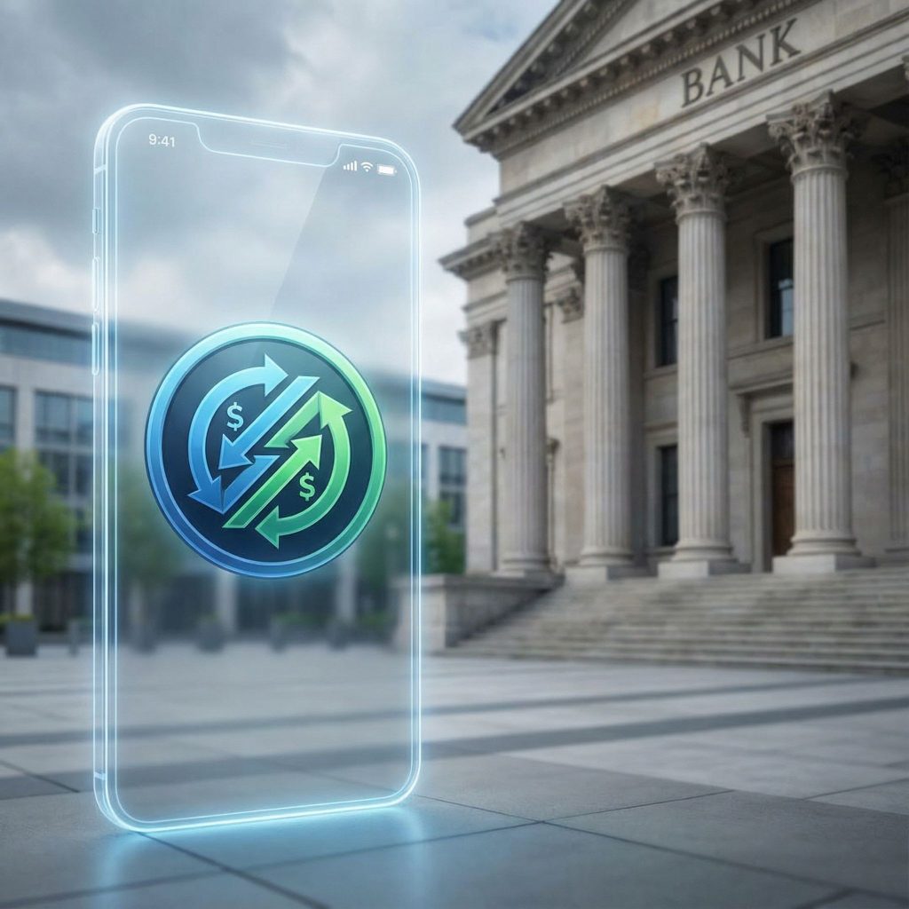 화살표가 있는 현대적인 디지털 아이콘과 기둥이 있는 전통적인 은행 건물이 분리되어 배치된 모습이다.