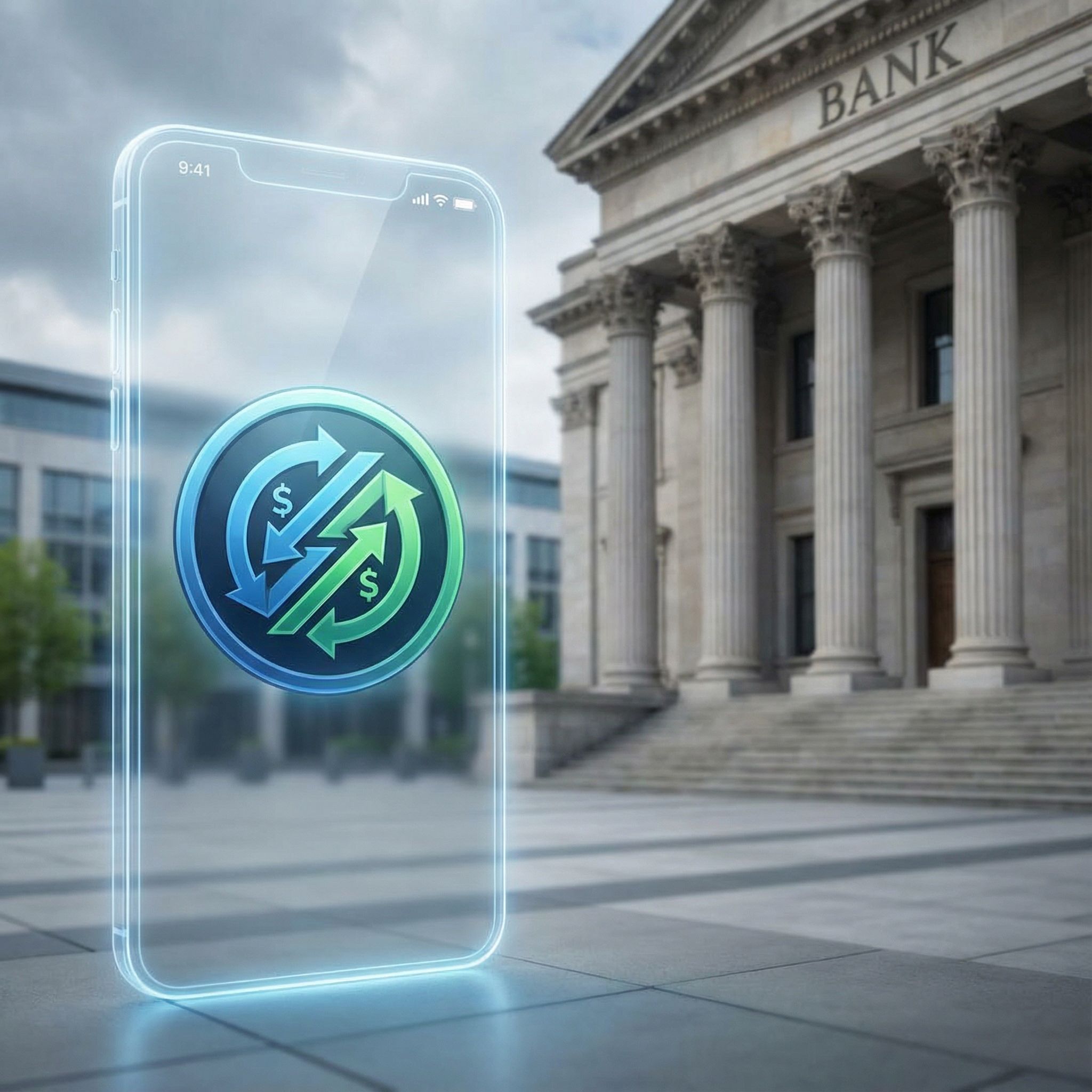 화살표가 있는 현대적인 디지털 아이콘과 기둥이 있는 전통적인 은행 건물이 분리되어 배치된 모습이다.