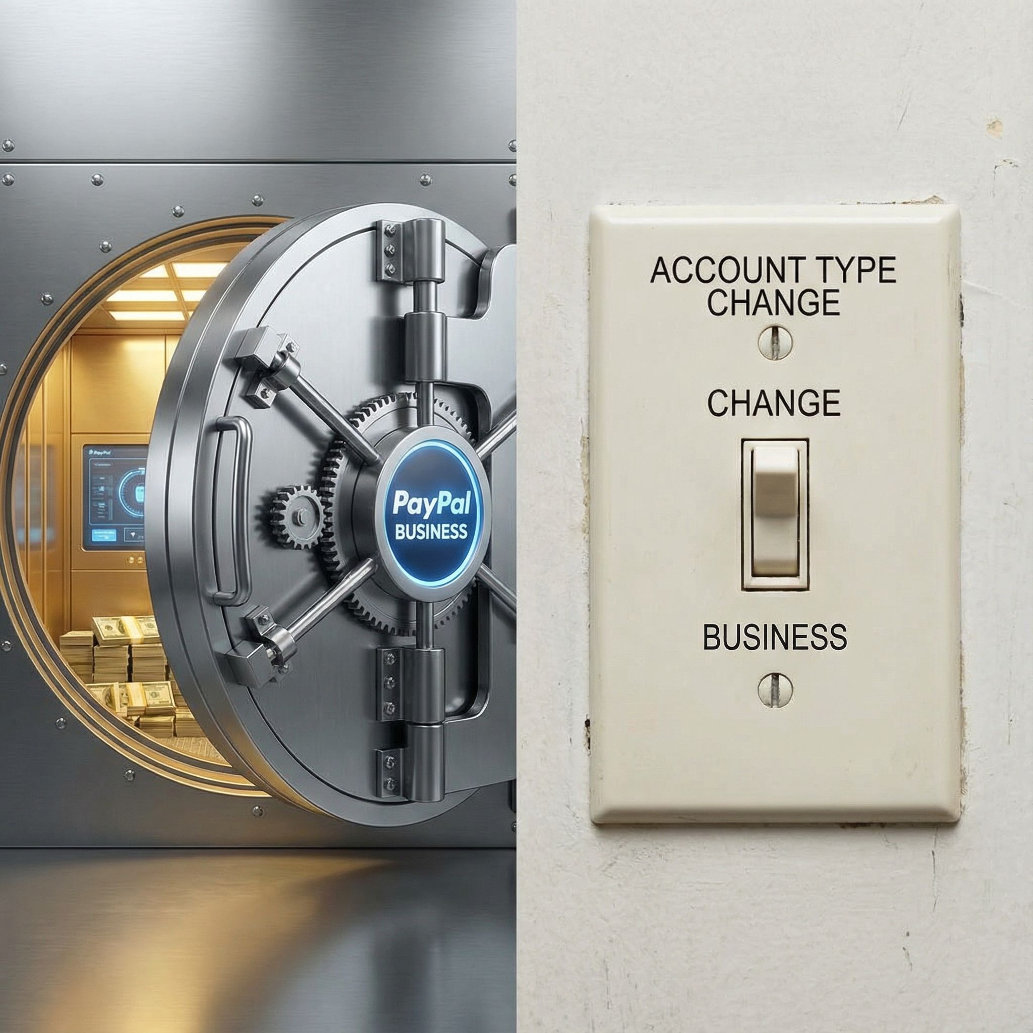 금속 금고 문처럼 견고한 페이팔 비즈니스 계좌와 단순한 토글 스위치가 대비되는 모습이다.