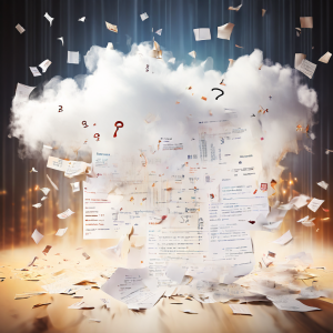 구겨진 계약서가 흐릿한 데이터와 물음표로 흩어지며 사라지는 모습이다.