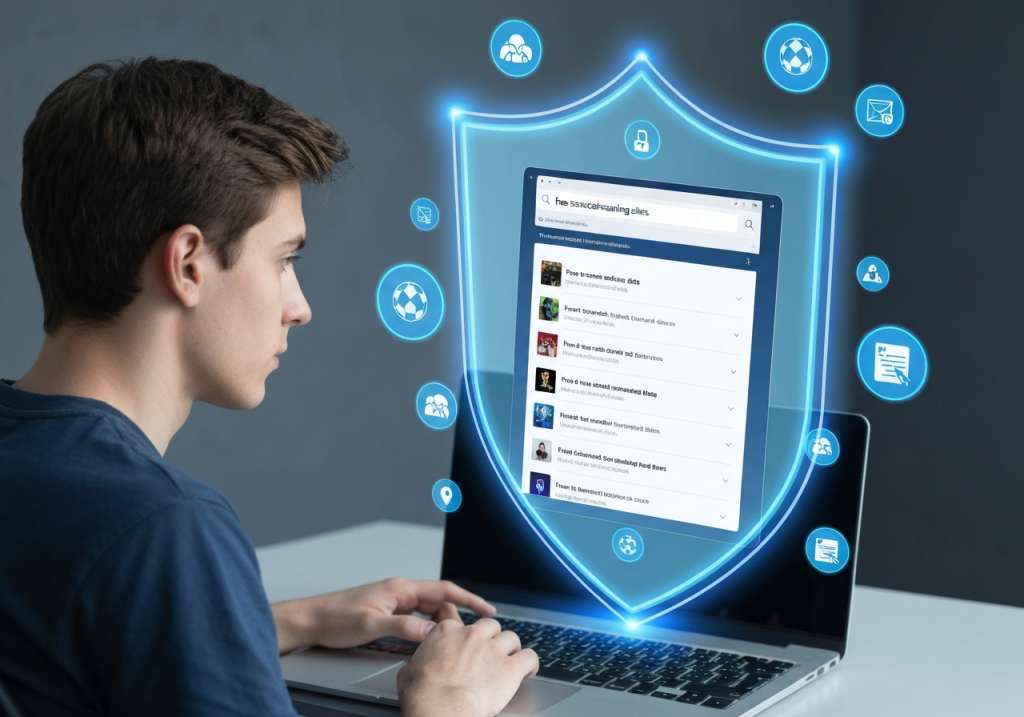 청소년이 노트북으로 검색할 때 방패형 보안 보호막과 콘텐츠 필터링 아이콘이 나타난 온라인 보호 기능 이미지