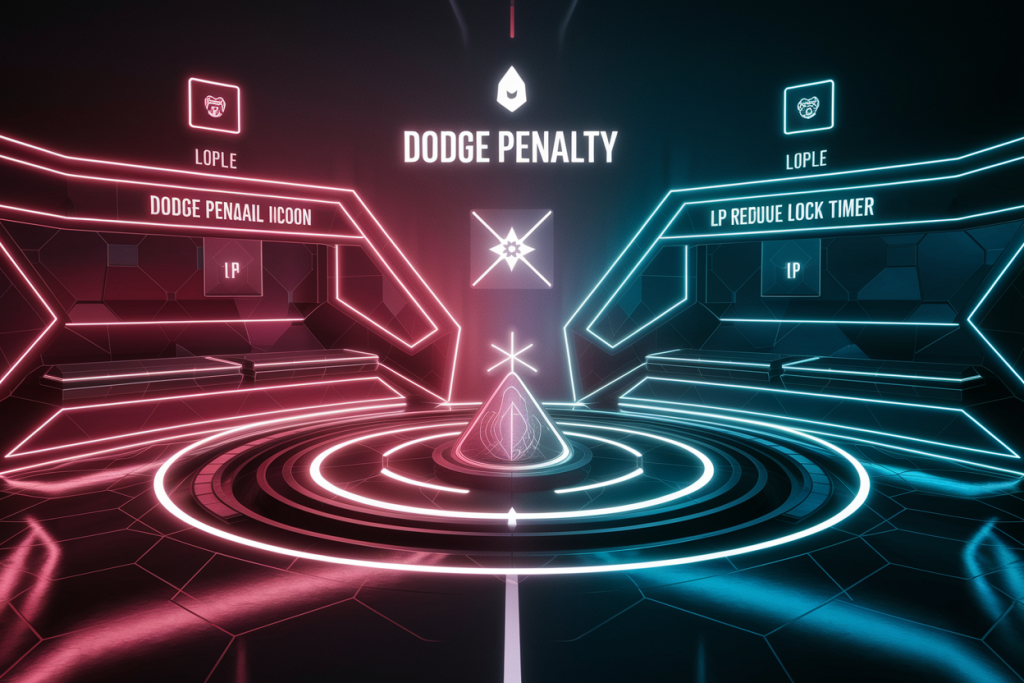 도주 패널티(Dodge Penalty)와 LP 차감·락 타이머를 시각화한 미래형 게임 패널티 시스템 화면