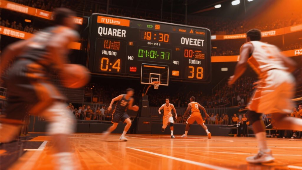 경기장 스코어보드와 빠르게 움직이는 선수들이 있는 실제 농구 경기 진행 장면