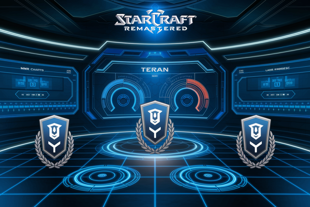 StarCraft Remastered의 테란 진영 UI와 랭크 엠블럼이 표시된 게임 등급 인터페이스