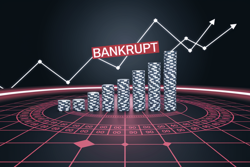 룰렛 보드 위에 칩이 계단식으로 쌓여 있고 ‘BANKRUPT’ 경고와 수익 그래프가 강조된 이미지