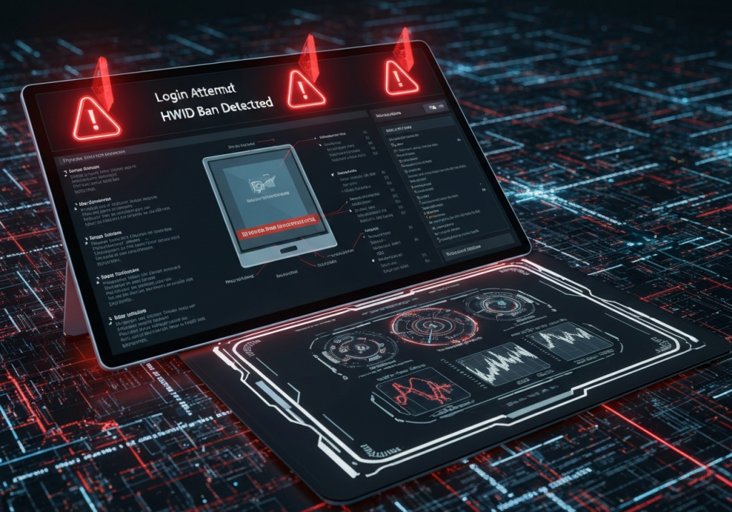 로그인 시도 화면에 HWID 차단 경고 알림이 표시된 사이버 보안 대시보드