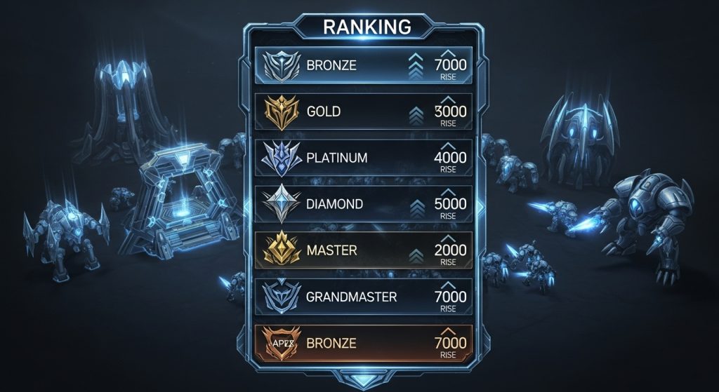 브론즈부터 그랜드마스터까지 게임 랭킹 단계와 RISE 포인트가 함께 표시된 등급 리스트