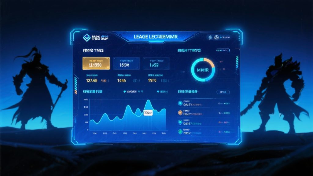 게임 캐릭터 실루엣과 함께 MMR 그래프·승률·통계가 표시된 e스포츠 플레이어 성능 분석 대시보드
