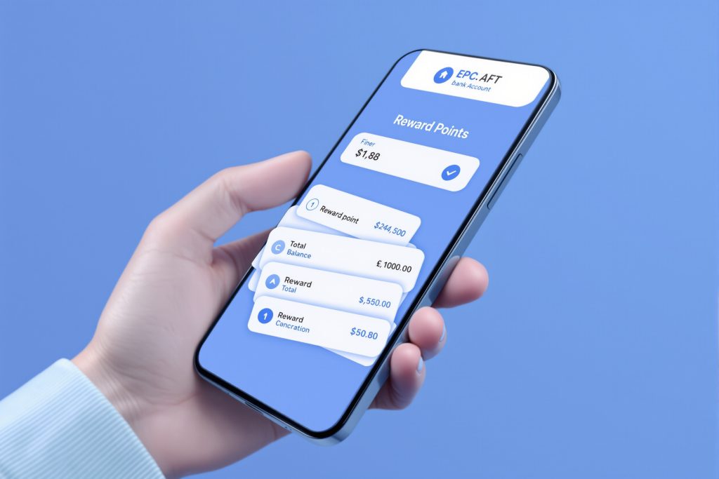 스마트폰 화면에 리워드 포인트 잔액과 적립 내역이 표시된 보상 관리 앱 UI