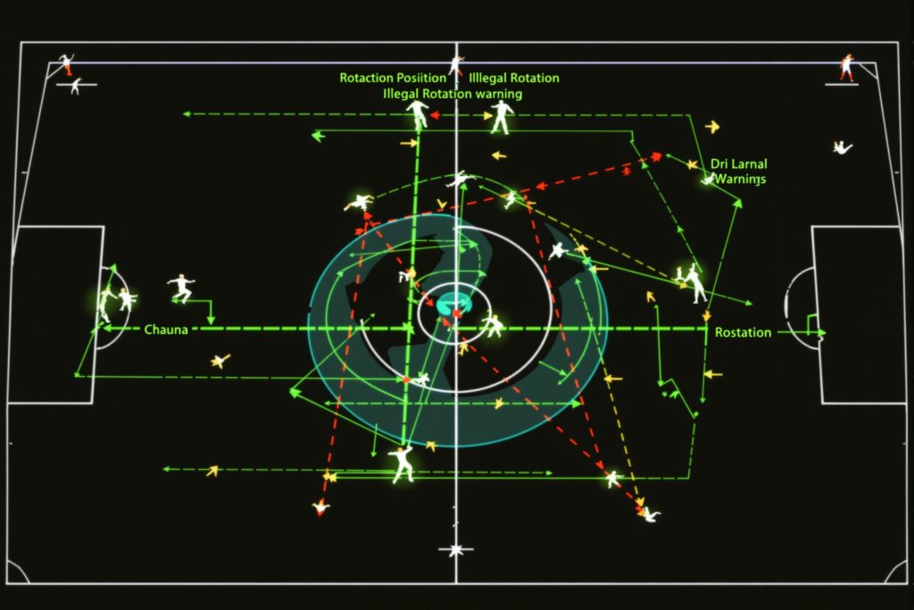 축구 경기에서 선수 이동·포지션·불법 로테이션 경고를 화살표와 색상으로 시각화한 전술 분석 화면