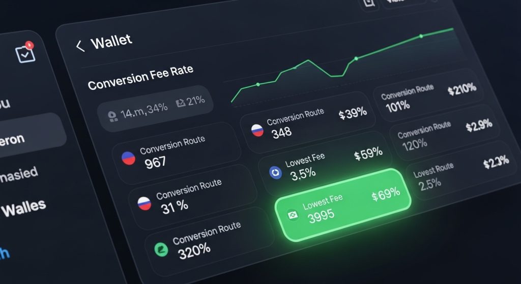 여러 환전 경로의 수수료율을 그래프로 보여주는 디지털 월렛 수수료 비교 화면