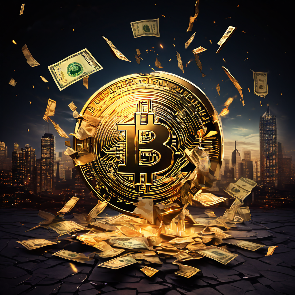 도시 지도 위에 금이 간 와이파이 아이콘이 있고, 그 틈으로 금화와 지폐가 어두운 공허로 떨어지는 모습이다.