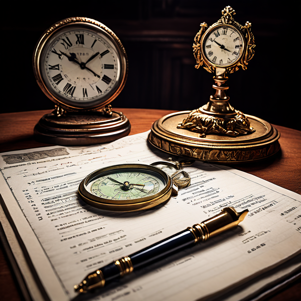 확대경으로 이름을 확인하는 회색 은행 원장 옆에 현대적인 정부 인감과 현재 시각을 가리키는 시계가 놓여 있다.