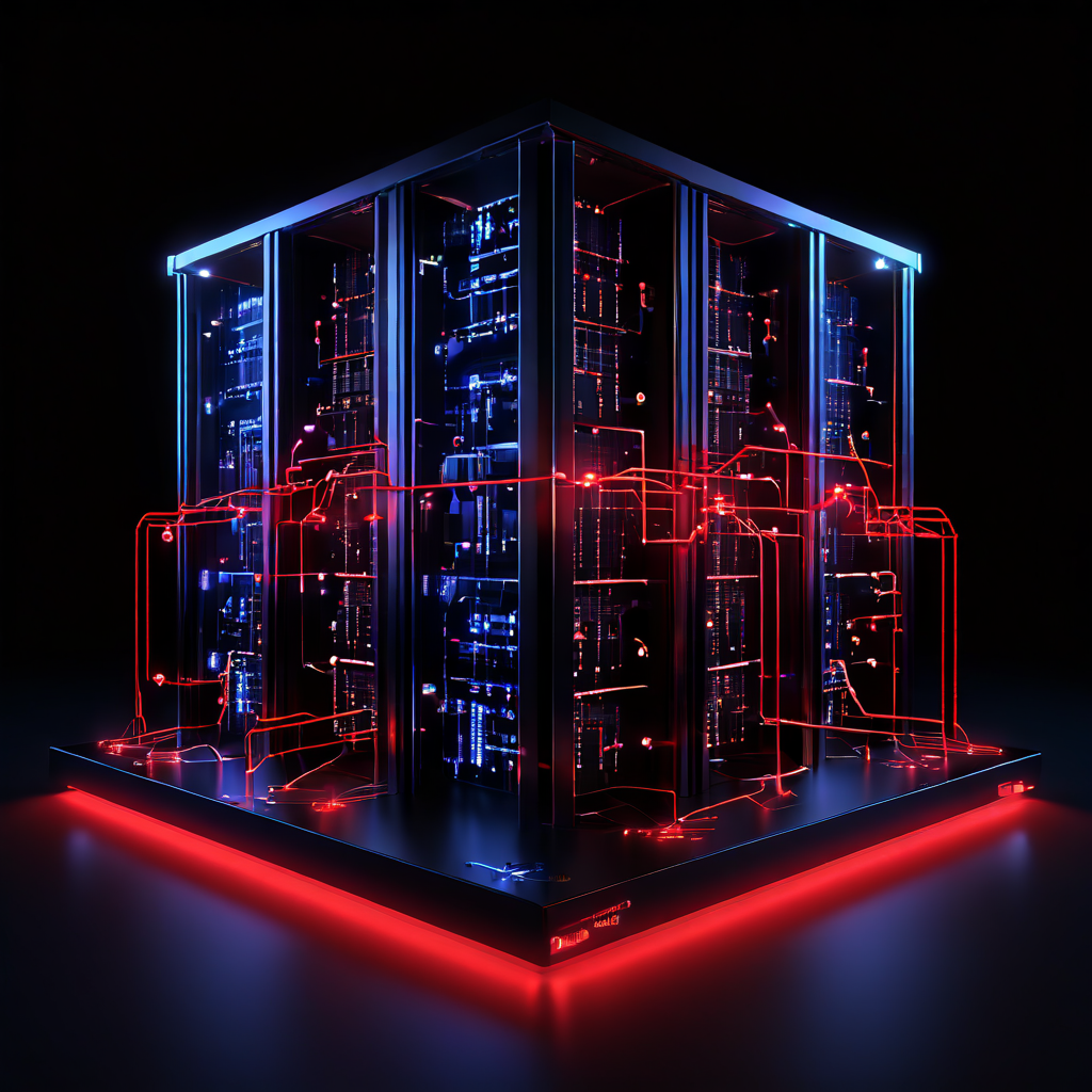 중앙 서버 클러스터가 보호막과 중복 백업 노드로 견고하게 보호되며 빛나는 데이터 연결로 고가용성을 구현하는 개념을 시각화한 3D 다이어그램입니다.