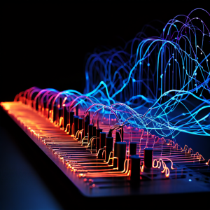 네트워크 모니터링 시스템의 핵심에서 발산하는 펄스 파동이 각기 다른 시스템 구성 요소들을 상호 연결하며 고유의 상관관계 ID 태그를 전송하는 과정을 시각화한 이미지입니다.