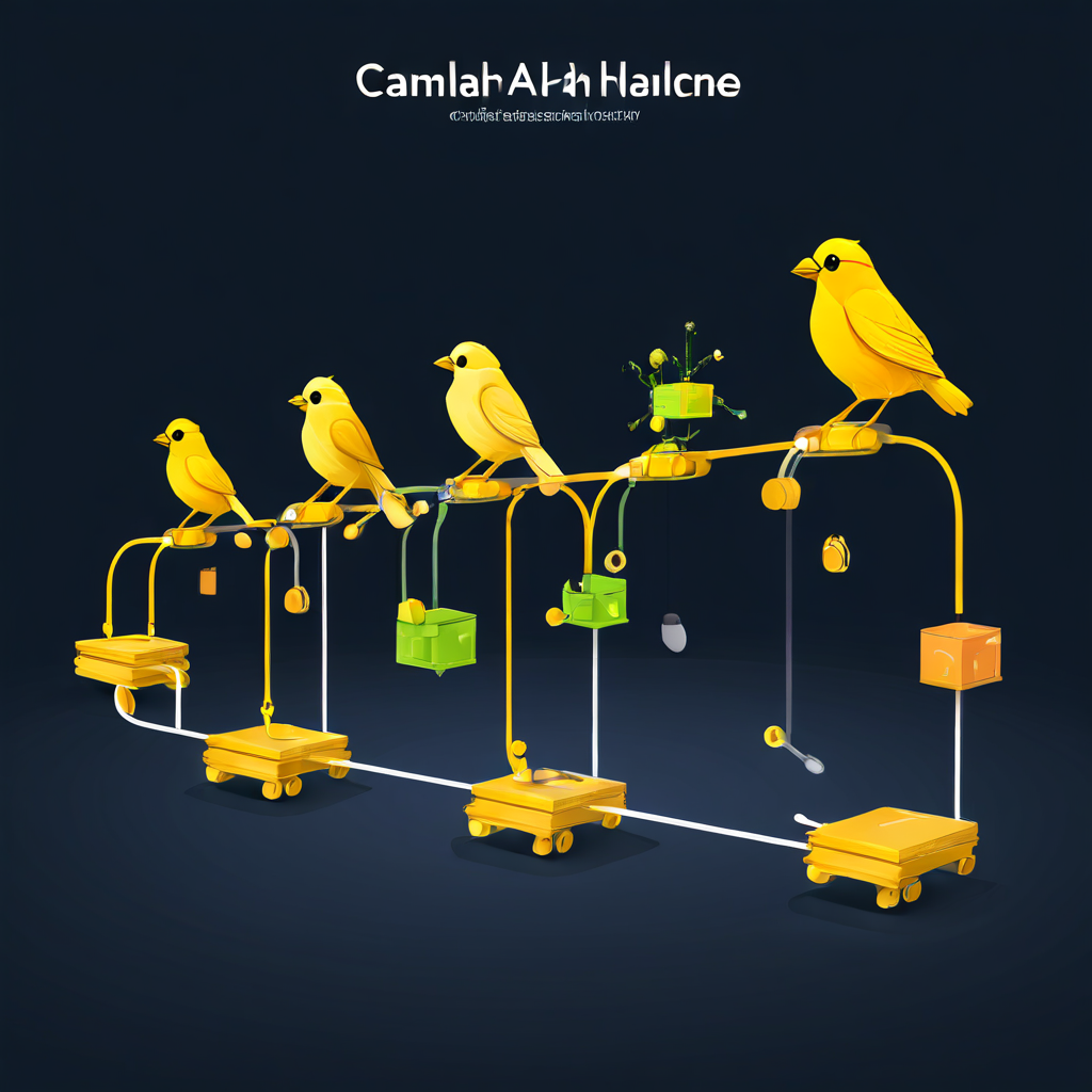 카나리 릴리스 파이프라인이 로드 밸런서를 통해 안정 버전과 새 버전의 애플리케이션으로 가중치가 적용된 트래픽을 분산시키는 과정을 시각적으로 설명하는 다이어그램입니다.