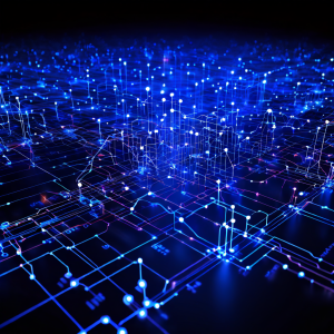 해시 함수를 통해 숫자로 라벨링된 데이터 블록들이 여러 노드에 균등하게 분산되는 과정을 선으로 연결된 빛나는 노드 군집으로 시각화한 다이어그램