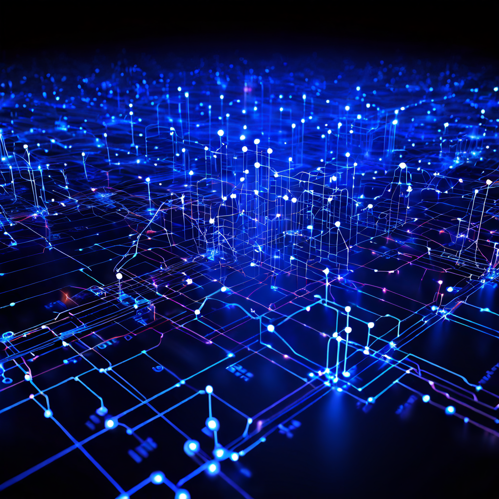 해시 함수를 통해 숫자로 라벨링된 데이터 블록들이 여러 노드에 균등하게 분산되는 과정을 선으로 연결된 빛나는 노드 군집으로 시각화한 다이어그램