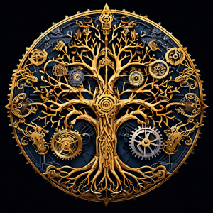 복잡하게 갈라진 기어와 자물쇠가 얽힌 가계도로, 엄격한 상속 체계를 표현한 모습이다.